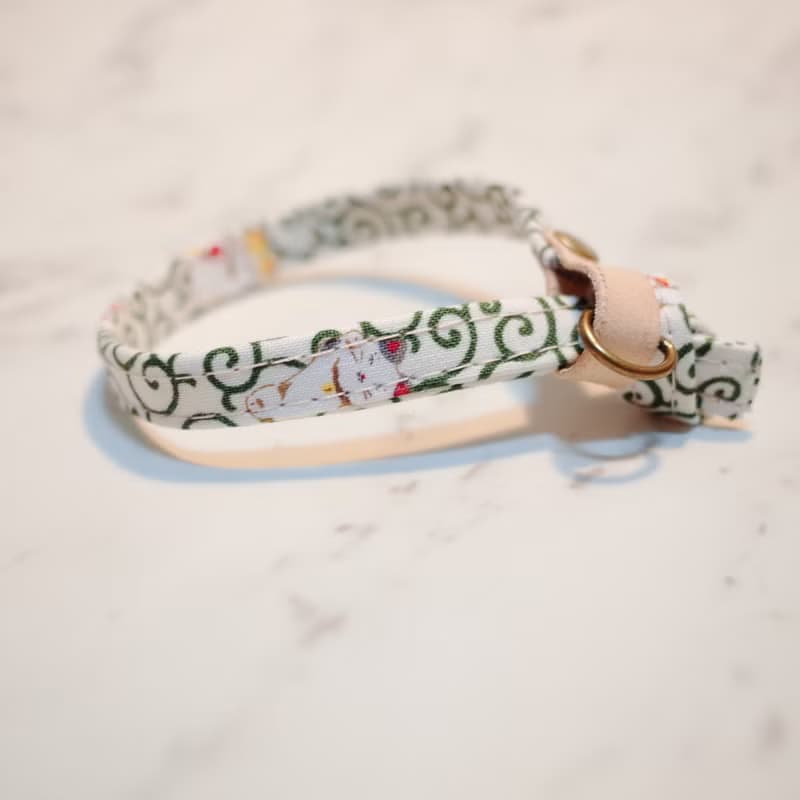 貓咪 項圈 (不含吊牌) 日本布 我的招財貓 和風 綠色 花紋 附鈴鐺 植楺皮 貓