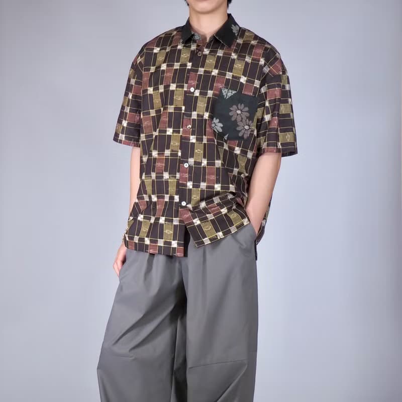 【日本製造】復古絲綢和服翻拍、男士襯衫 L、半袖襯衫