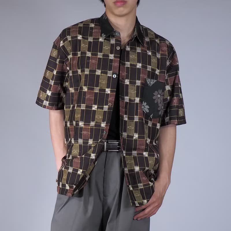 【日本製造】復古絲綢和服翻拍、男士襯衫 L、半袖襯衫