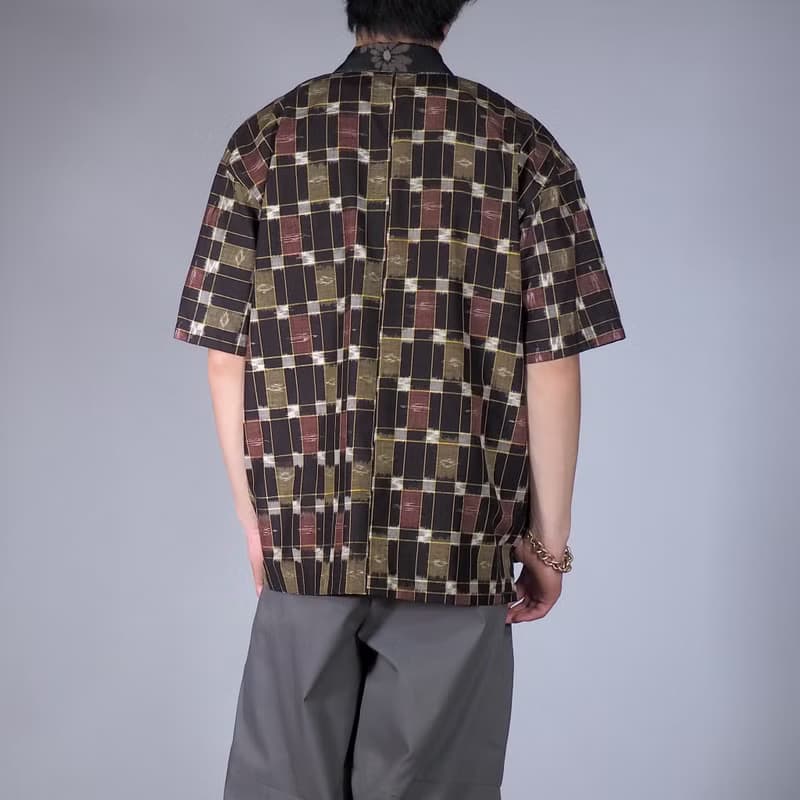 【日本製造】復古絲綢和服翻拍、男士襯衫 L、半袖襯衫