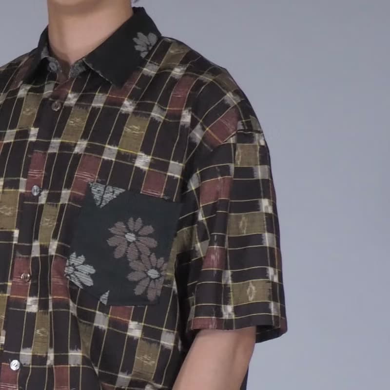 【日本製造】復古絲綢和服翻拍、男士襯衫 L、半袖襯衫