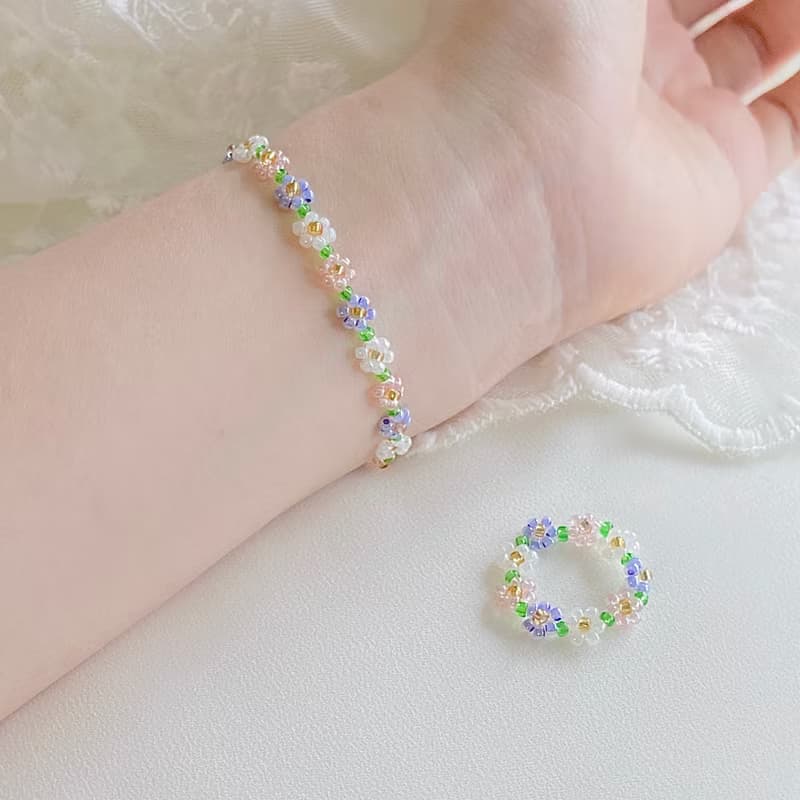 Beaded Flower Bracelet Pastel (13-21cm) set with ring