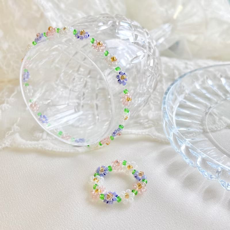 Beaded Flower Bracelet Pastel (13-21cm) set with ring