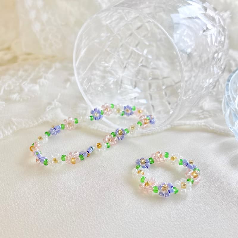 Beaded Flower Bracelet Pastel (13-21cm) set with ring