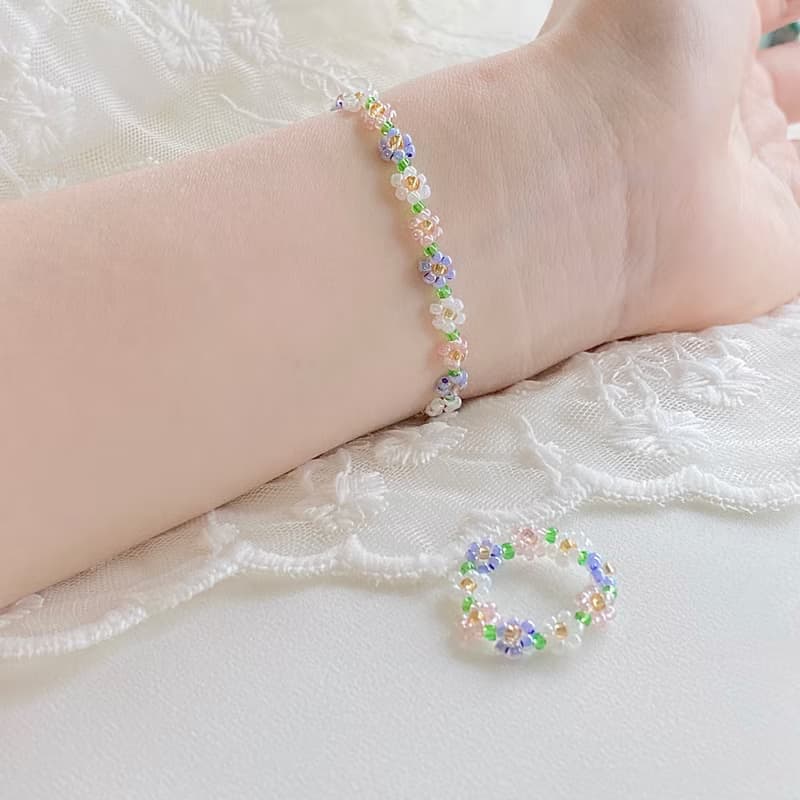 Beaded Flower Bracelet Pastel (13-21cm) set with ring