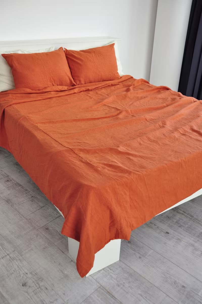Burnt orange linen sheet set / Flat+fitted sheet+2 pillowcases / Orange bedding