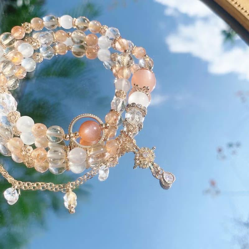 金太陽 橙月光 金髮晶 黃水晶 月光石 白水晶 14K包金雙圈手鍊
