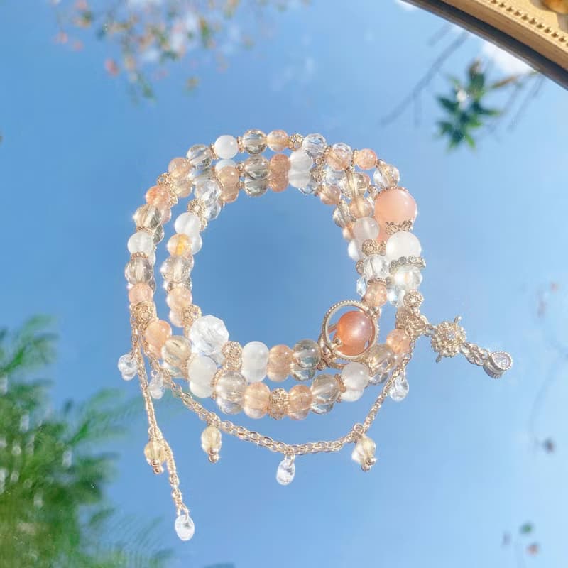 金太陽 橙月光 金髮晶 黃水晶 月光石 白水晶 14K包金雙圈手鍊