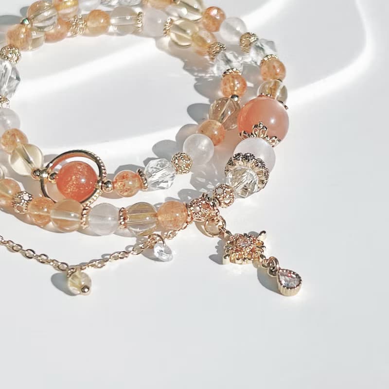 金太陽 橙月光 金髮晶 黃水晶 月光石 白水晶 14K包金雙圈手鍊