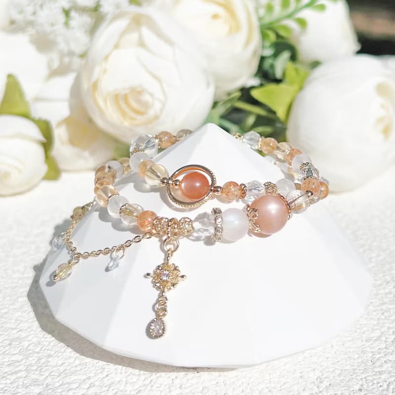 金太陽 橙月光 金髮晶 黃水晶 月光石 白水晶 14K包金雙圈手鍊