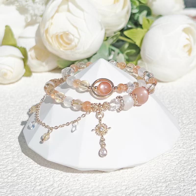 金太陽 橙月光 金髮晶 黃水晶 月光石 白水晶 14K包金雙圈手鍊