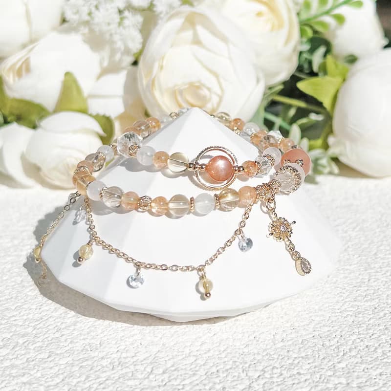 金太陽 橙月光 金髮晶 黃水晶 月光石 白水晶 14K包金雙圈手鍊