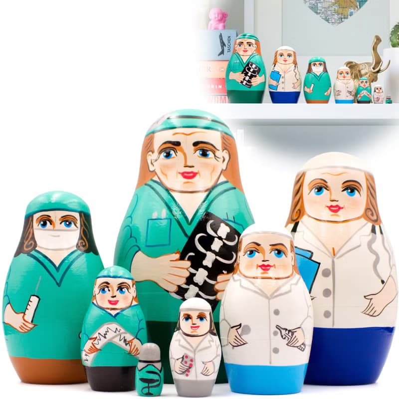 Nurse and Doctor Nesting Dolls 7 pcs - Russian Dolls for Medical Office Decor