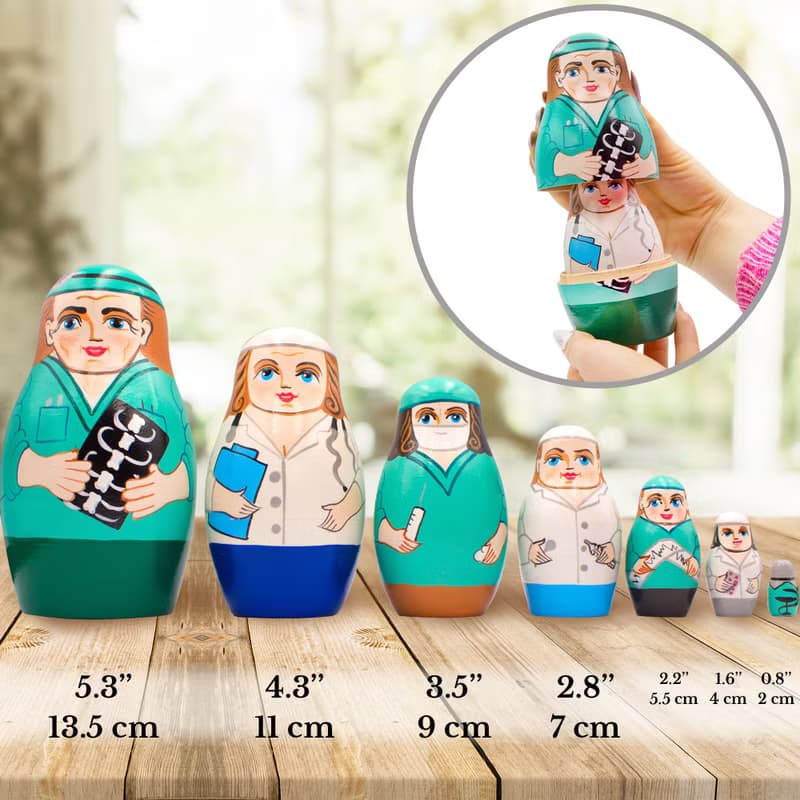 Nurse and Doctor Nesting Dolls 7 pcs - Russian Dolls for Medical Office Decor