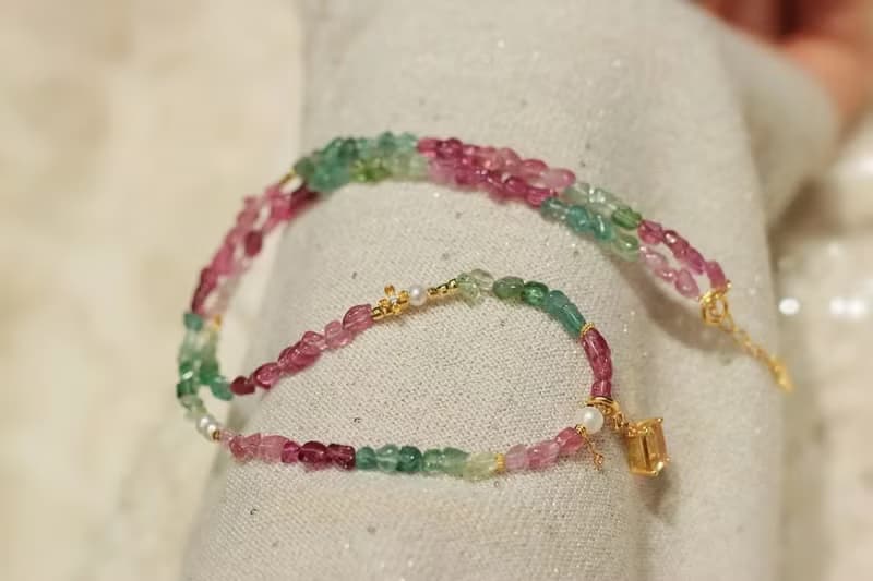 天然彩虹碧璽隨形項鏈鎖骨鏈搭配黃水晶吊墜招財開運旺夫精緻項鏈