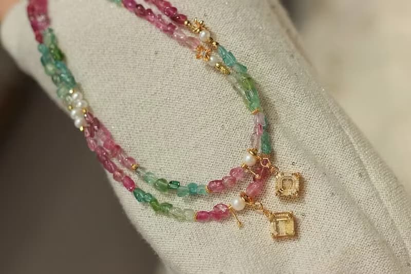 天然彩虹碧璽隨形項鏈鎖骨鏈搭配黃水晶吊墜招財開運旺夫精緻項鏈
