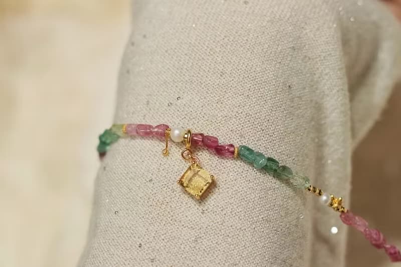 天然彩虹碧璽隨形項鏈鎖骨鏈搭配黃水晶吊墜招財開運旺夫精緻項鏈