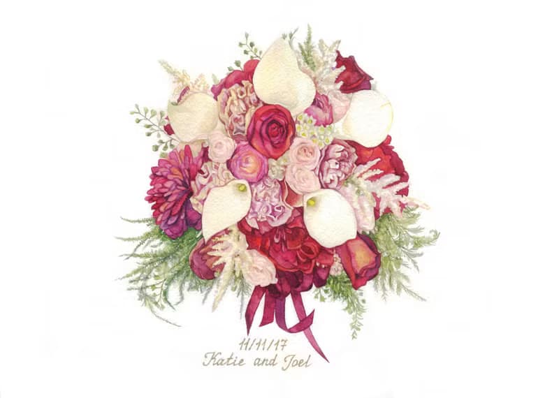 ORIGINAL Custom Wedding Bouquet Painting in Watercolor Bridal flowers portrait