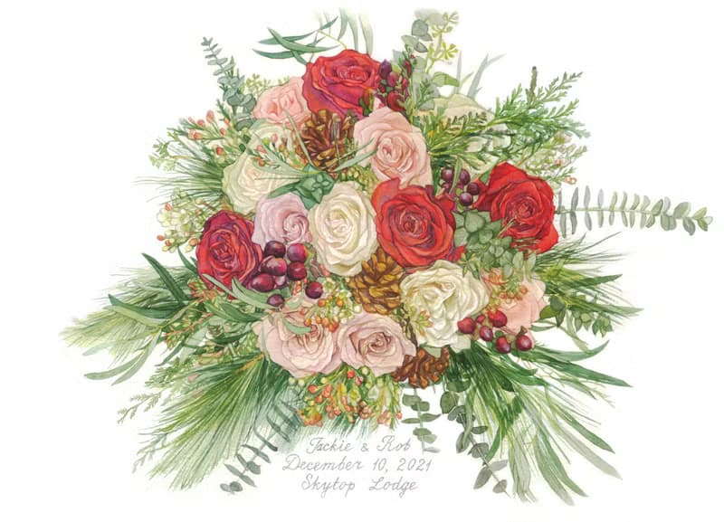 ORIGINAL Custom Wedding Bouquet Painting in Watercolor Bridal flowers portrait
