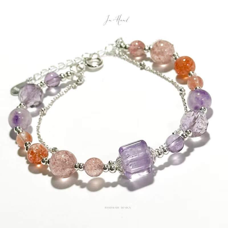 幾度夕陽紅-紫水晶.太陽石.草莓晶.純銀設計手鍊