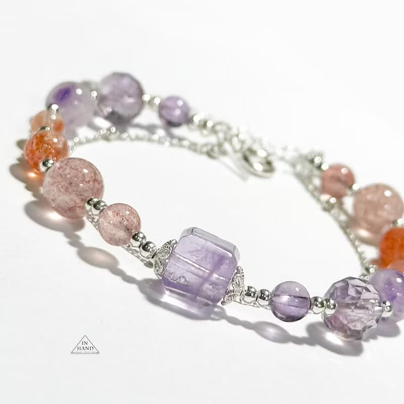 幾度夕陽紅-紫水晶.太陽石.草莓晶.純銀設計手鍊