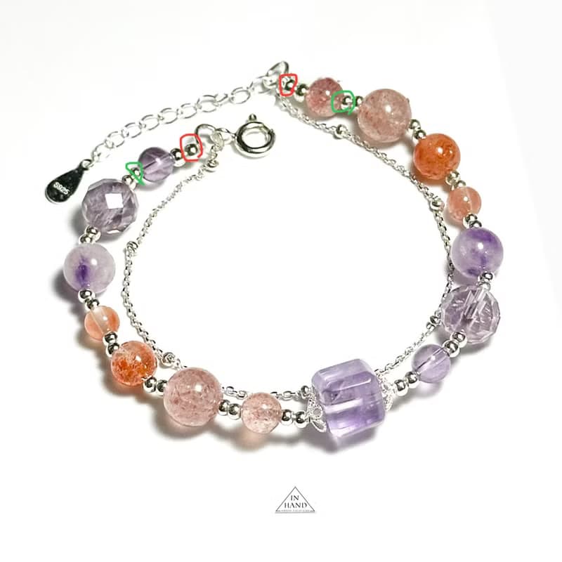 幾度夕陽紅-紫水晶.太陽石.草莓晶.純銀設計手鍊