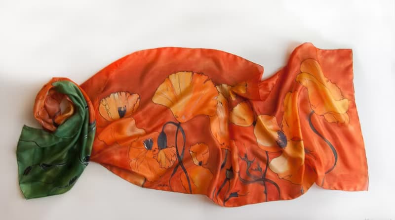 Orange Poppies scarf painted/ Bright tangerine scarf/ Handpainted silk/