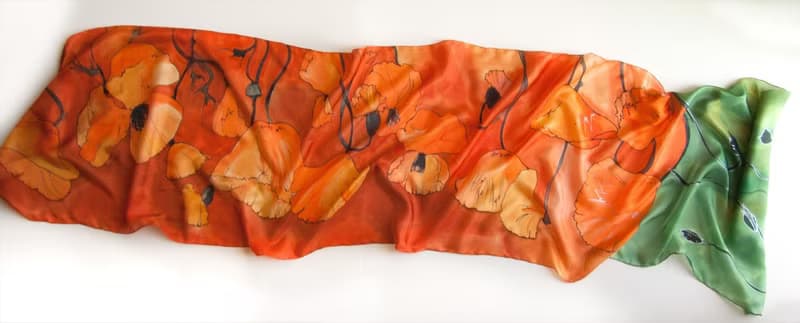 Orange Poppies scarf painted/ Bright tangerine scarf/ Handpainted silk/