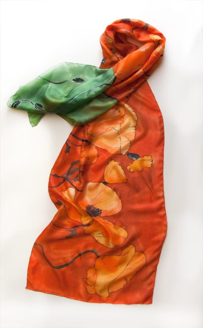 Orange Poppies scarf painted/ Bright tangerine scarf/ Handpainted silk/