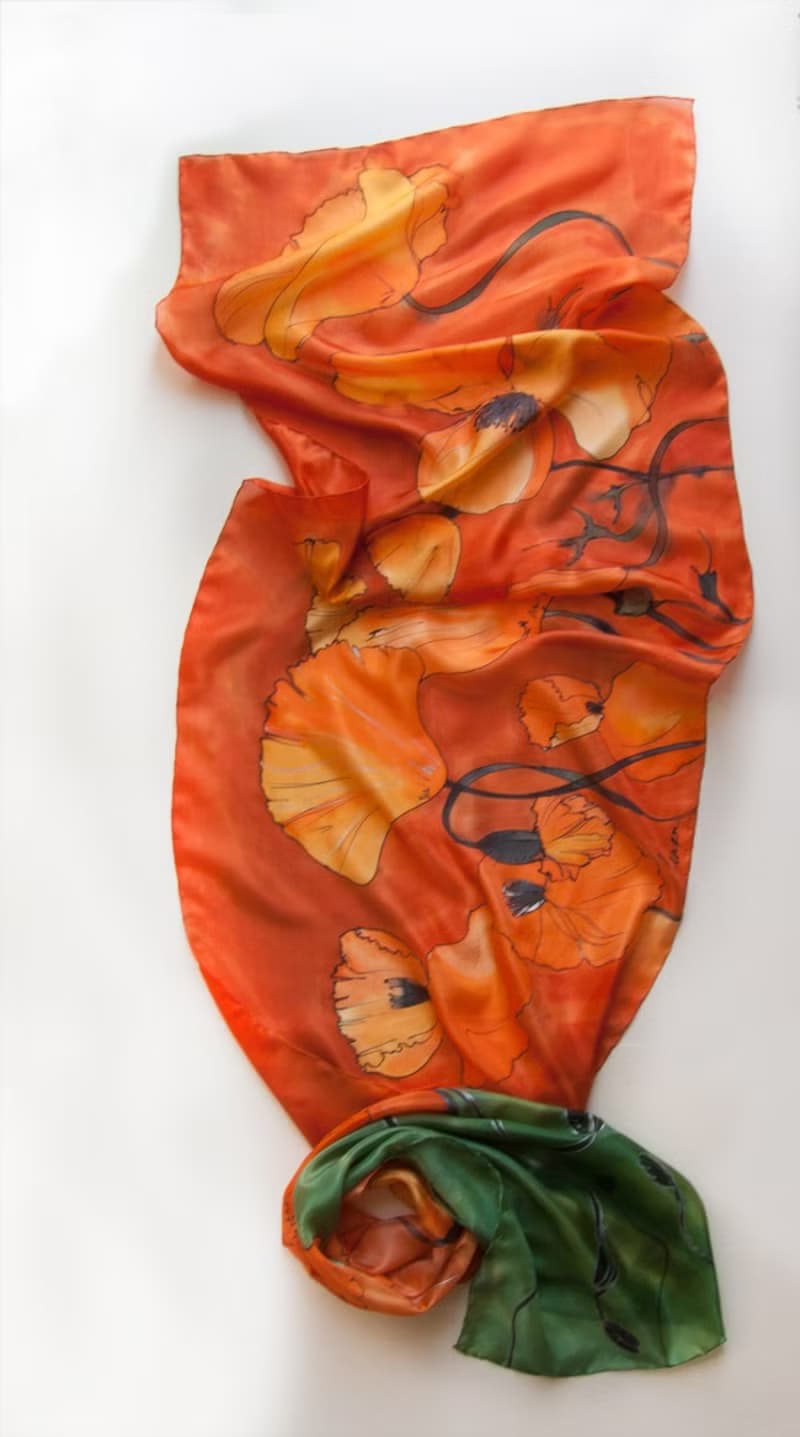 Orange Poppies scarf painted/ Bright tangerine scarf/ Handpainted silk/