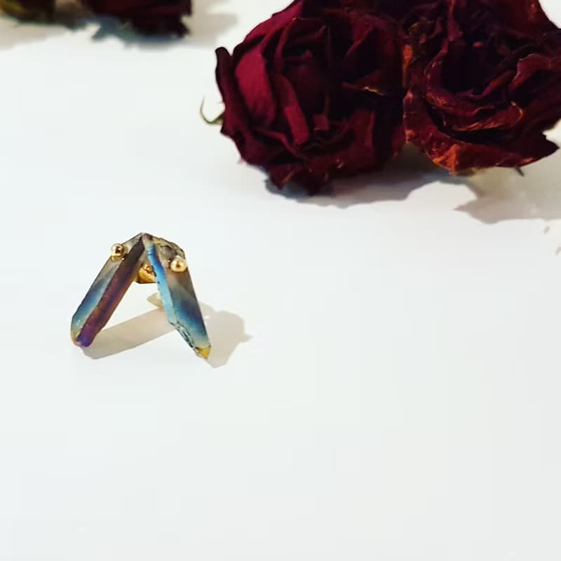 獨家-彩虹色mini石英石原礦銅貼式耳環_免費修改夾式耳
