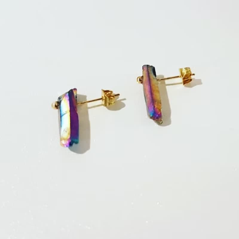 獨家-彩虹色mini石英石原礦銅貼式耳環_免費修改夾式耳