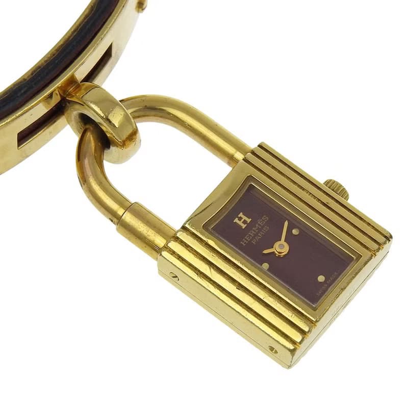 【日本直送】エルメス HERMES ケリーウォッチ 腕時計 金メッキ×レザー クオーツ アナログ表示 ワインレッド文字盤 レディース【中古】