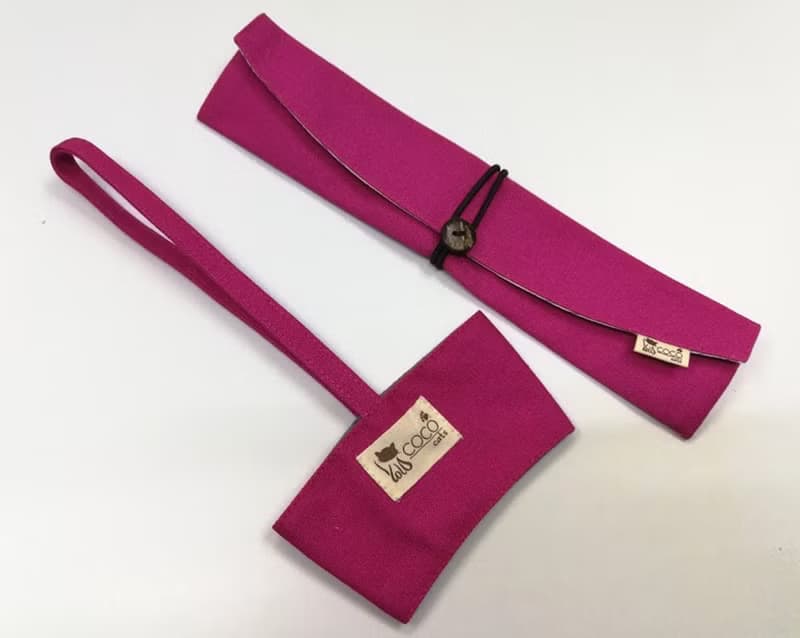 環保筷袋杯套組~手提式飲料杯套 餐具組收納袋 筷套(桃紅)F08-002