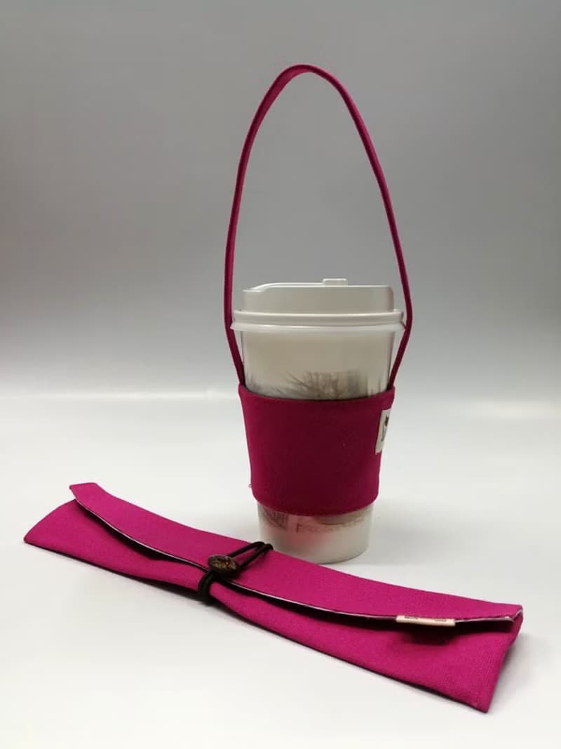 環保筷袋杯套組~手提式飲料杯套 餐具組收納袋 筷套(桃紅)F08-002