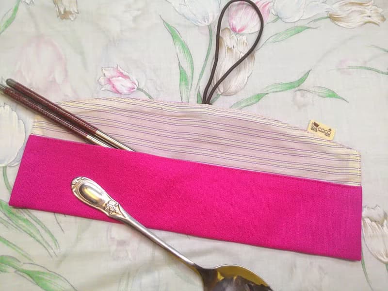 環保筷袋杯套組~手提式飲料杯套 餐具組收納袋 筷套(桃紅)F08-002