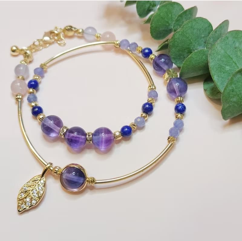 星靛迴音。藍紫螢石 青金石 坦桑 海藍寶 雙圈水晶手鍊