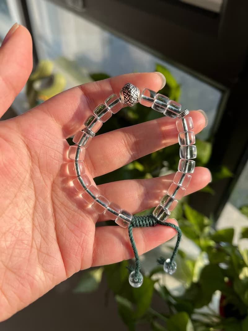 10A級天然白水晶直切桶珠手鏈伸縮繩款男女款單圈情侶款純銀手鏈