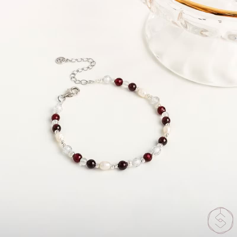 曙光 | 石榴石 珍珠 白水晶 S925純銀 | 天然水晶手鍊