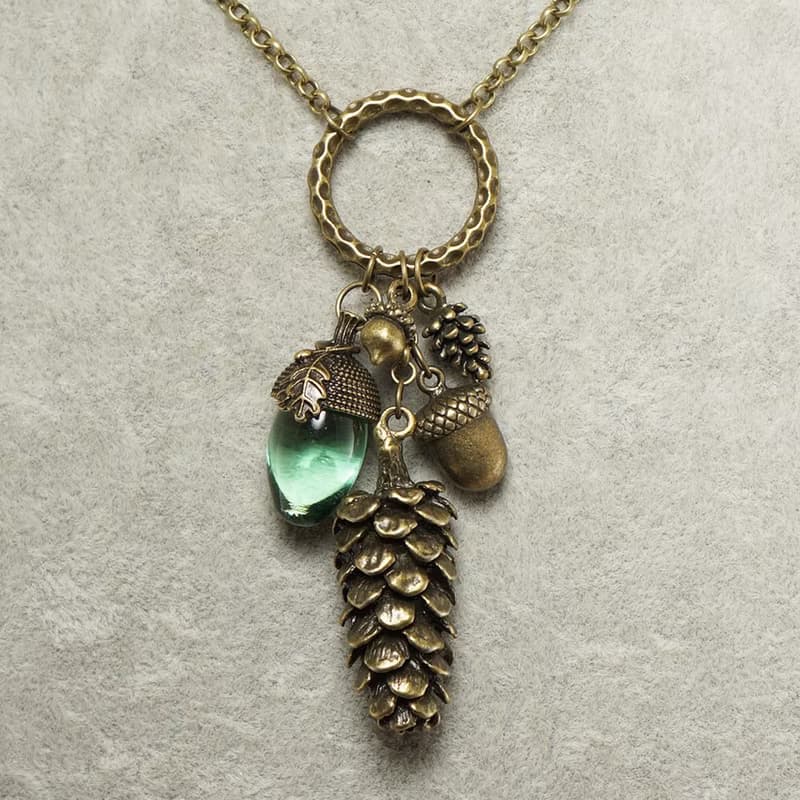 Clear Mint Green Glass Acorn Bronze Pine Cone Forest Woodland Necklace Jewelry