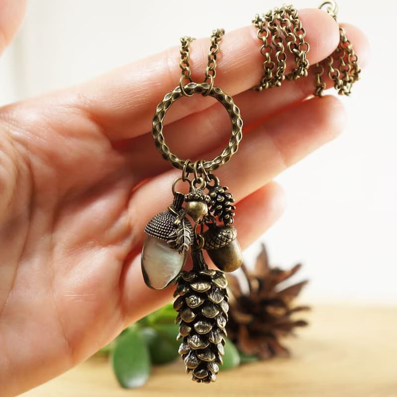 Clear Mint Green Glass Acorn Bronze Pine Cone Forest Woodland Necklace Jewelry