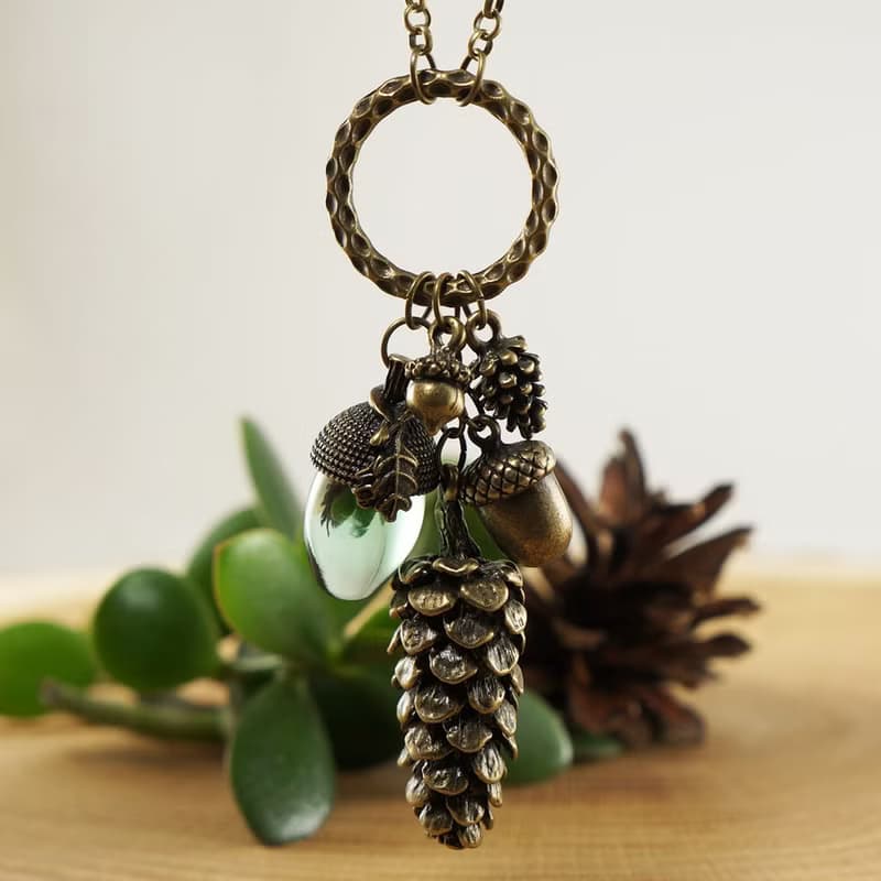 Clear Mint Green Glass Acorn Bronze Pine Cone Forest Woodland Necklace Jewelry