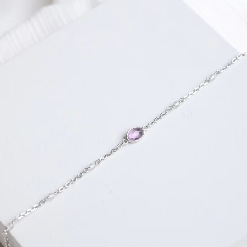 紫水晶925純銀橢圓寶石mix粉晶果實手鍊