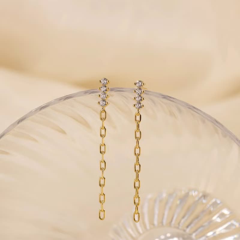 s925銀長款鏈條耳釘 簡約超閃鋯石流蘇女生耳釘 母親節禮物推薦