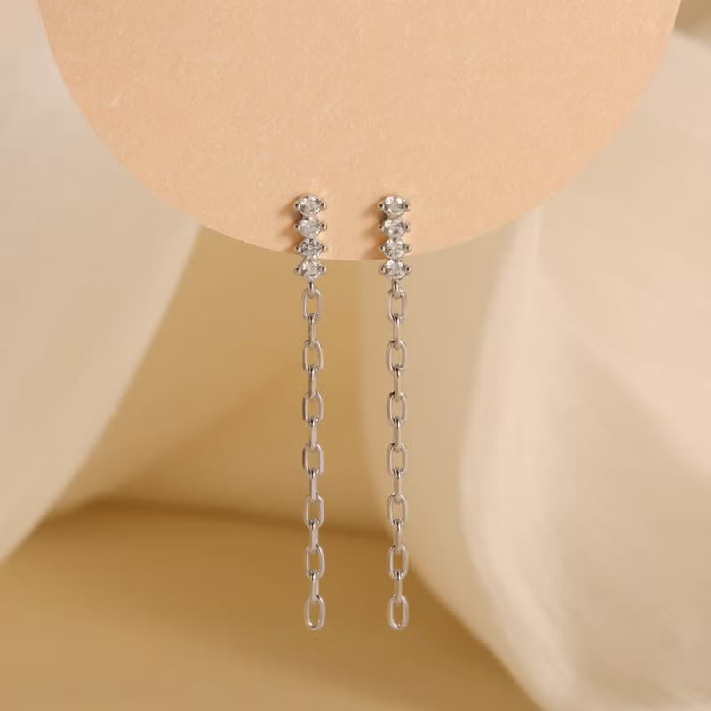 s925銀長款鏈條耳釘 簡約超閃鋯石流蘇女生耳釘 母親節禮物推薦