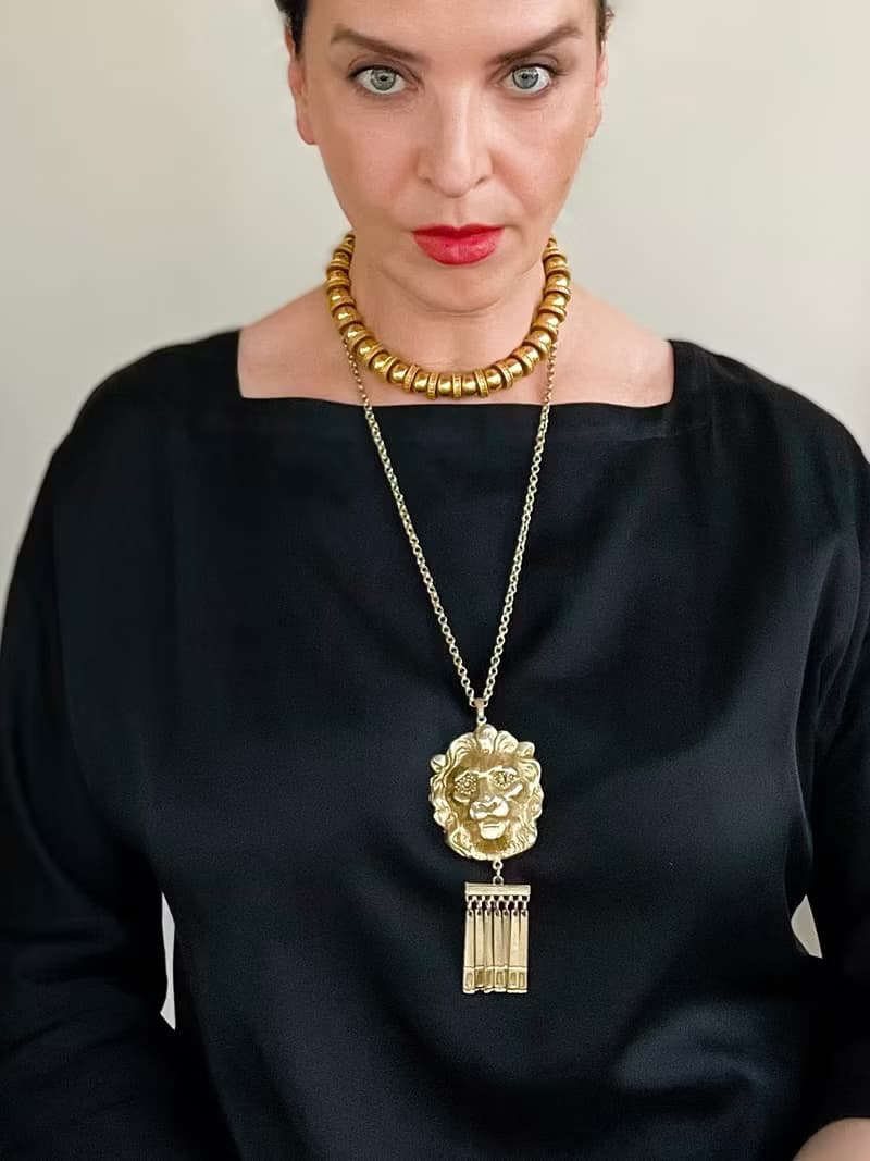 Vintage Lion necklace pendant on long chain unique Boho style 1970s perfect gift