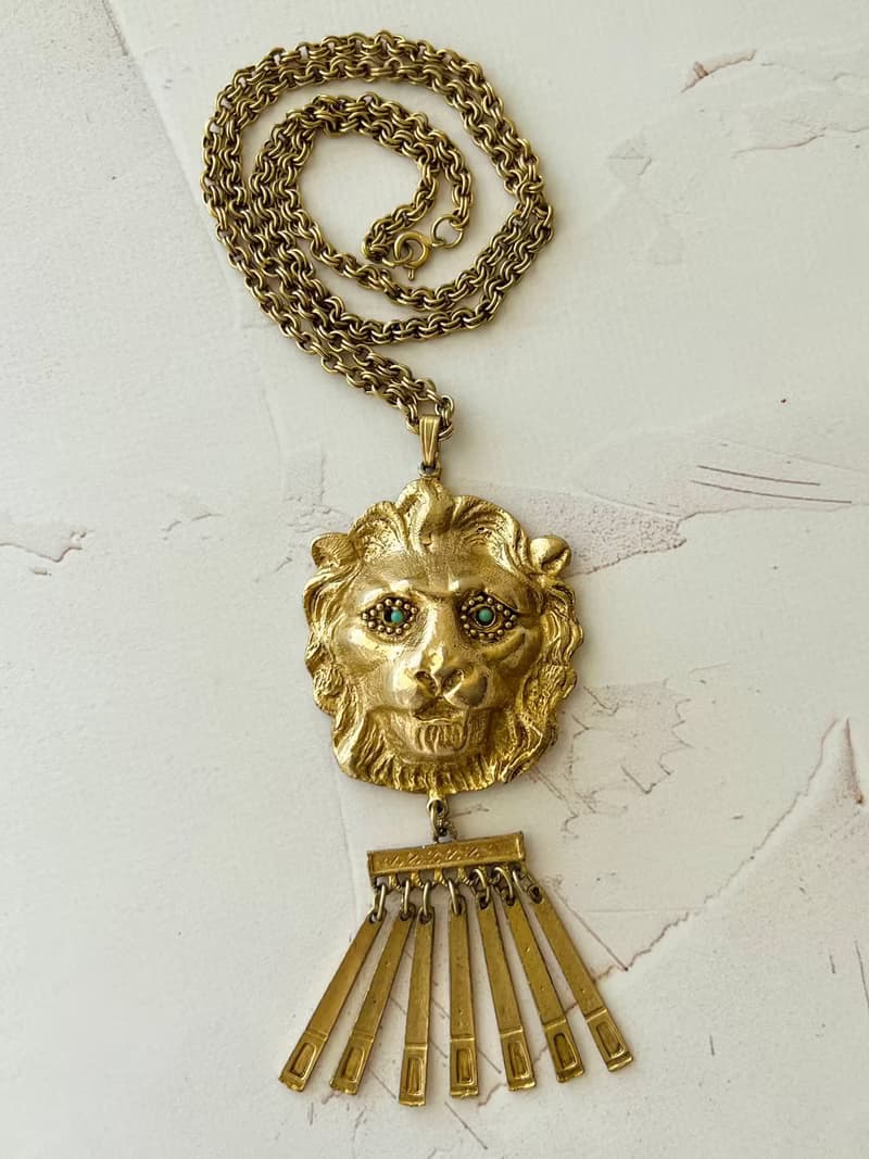 Vintage Lion necklace pendant on long chain unique Boho style 1970s perfect gift
