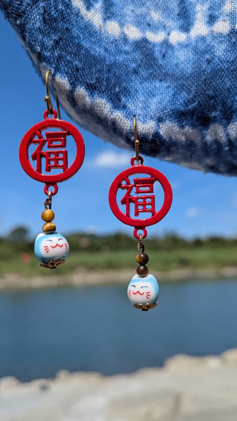 虎眼石招財貓垂墜耳環