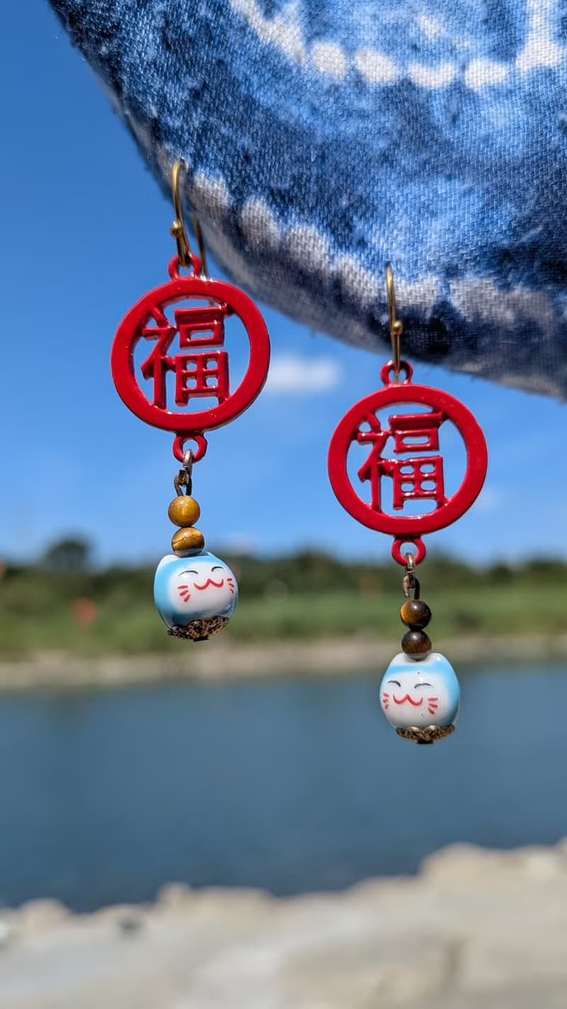 虎眼石招財貓垂墜耳環