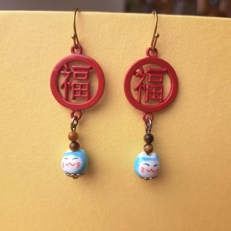 虎眼石招財貓垂墜耳環